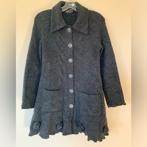 Sylvie L, wool grey blend, 3D flower hem, sweater, medusa  metallic buttons, S